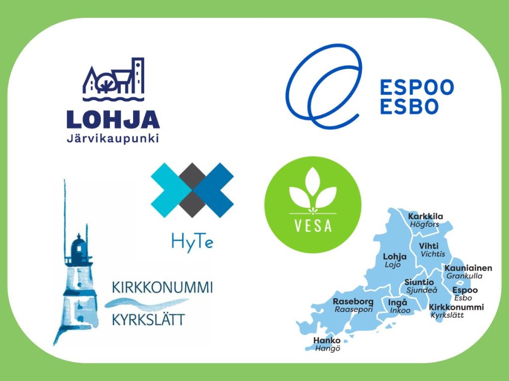 HyTe ry:n, VESA-toiminnan, ESpoon, Lohjan ja Kirkkonummen logot vihreissä kehyksissä