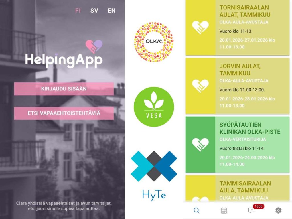 HelpingApp-framsida och anslagstavlan