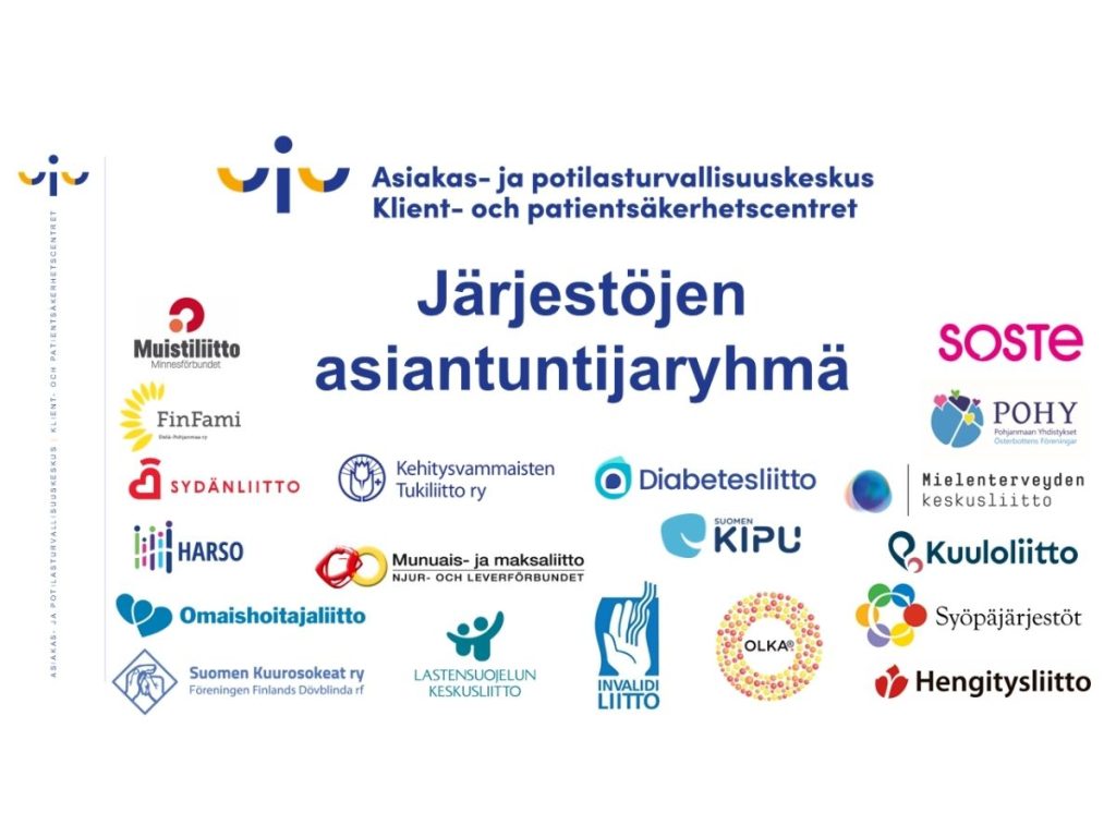 Asiakas- ja potilasturvallisuuskeskuksen järjestöjen asiantuntijaryhmä (kuvassa mukana olevien tahojen logoja)