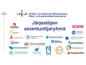 Asiakas- ja potilasturvallisuuskeskuksen järjestöjen asiantuntijaryhmä (kuvassa mukana olevien tahojen logoja)