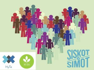 Ihmisiä sydänmen muodossa, HyTe ry:n VESA-toiminnan sekä Siskojen ja Simojen logot